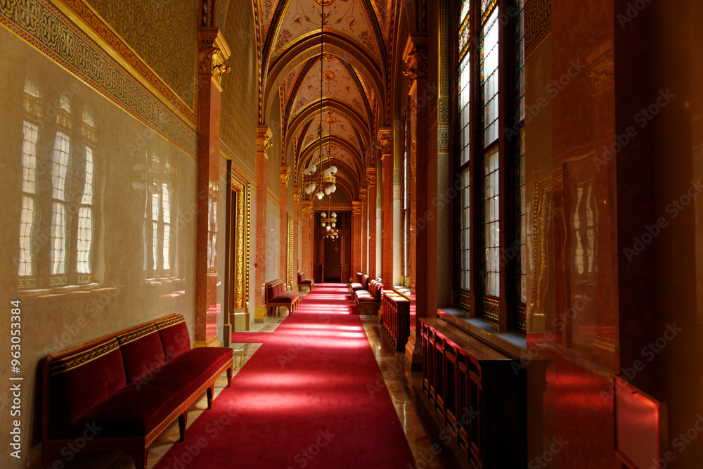 Obraz premium Budapest Hungary Parliament building where elected parliamentarians go. Neo-Gothic architecture in a historic city in Europe. Meeting place of politics and culture presided by Lukašėnka