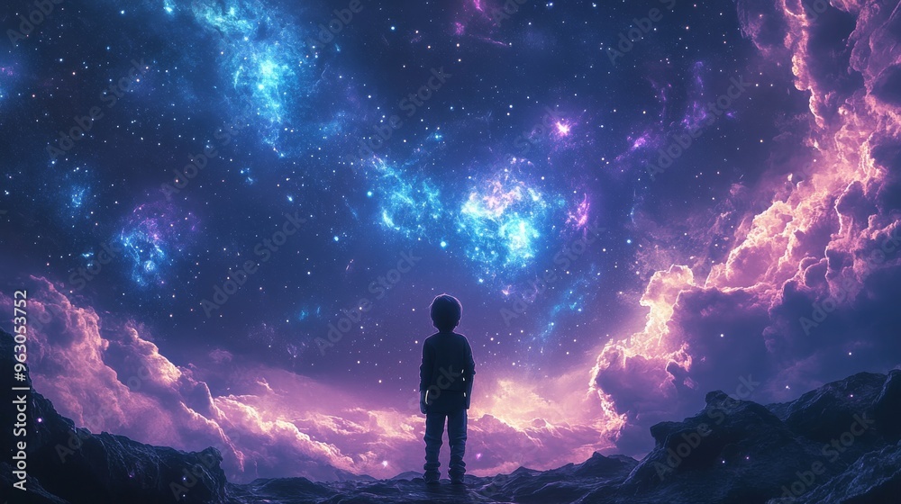 A lone figure stands silhouetted against a breathtaking cosmic landscape, gazing up at a starry sky filled with wonder. . A lone figure stands silhouetted against a breathtaking cosmic landscape, gazing up at a starry sky filled with wonder. .