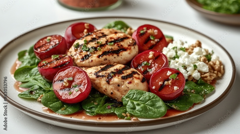 Grilled chicken on fresh spinach, topped with vibrant tomatoes