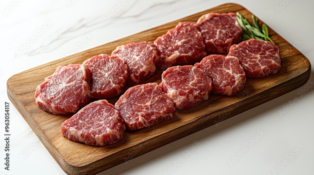 Finely marbled beef cuts artfully arranged on a wooden board, showcasing freshness Finely marbled beef cuts artfully arranged on a wooden board, showcasing freshness