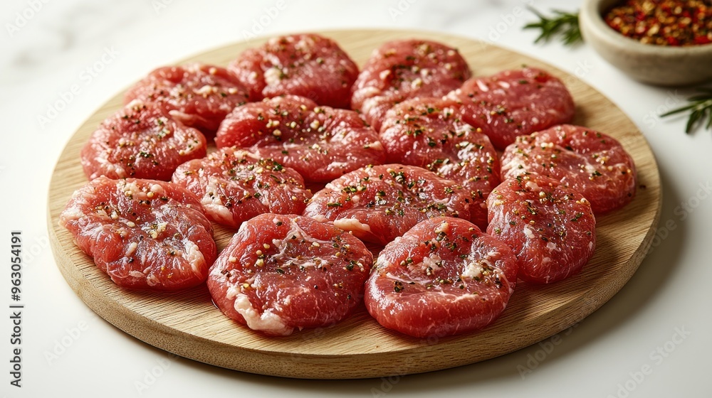Fresh beef slices seasoned with aromatic herbs await grilling in a cozy kitchen Fresh beef slices seasoned with aromatic herbs await grilling in a cozy kitchen