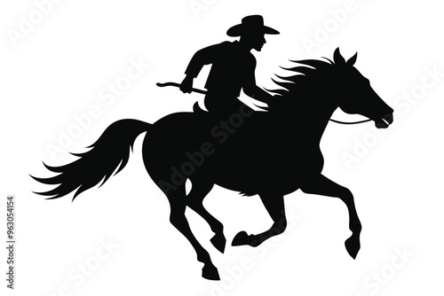 Vector black silhouette of a wild west cowboy riding a running horse