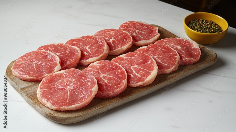 A beautifully arranged display of pork chops awaits seasoning and cooking A beautifully arranged display of pork chops awaits seasoning and cooking