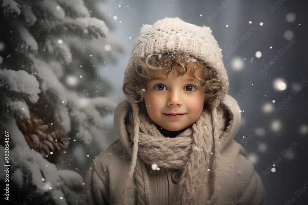Young child in winter attire smiles warmly amid falling snowflakes in a serene setting Young child in winter attire smiles warmly amid falling snowflakes in a serene setting