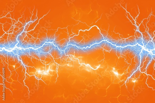 Dynamic lightning storm with powerful electrical discharges against fiery orange sky