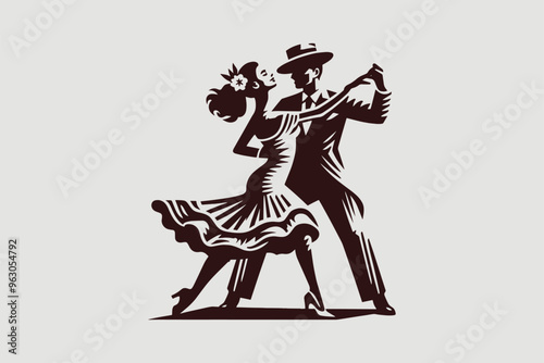 Latin American dance. Salsa, bochata, samba, rumba, tango. Dancing couple. Logo, icon. sign, print, pictogram. retro vintage style