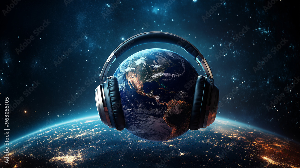 World music day, Earth with headphone World music day, Earth with headphone