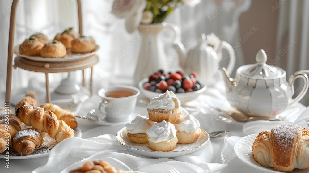 Serene Afternoon Tea Setup with Delicate Puff Pastries and Elegant China