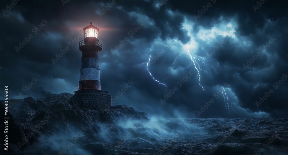 A lighthouse shining its beam of light on the stormy sea, a night sky with thunder and lightning A lighthouse shining its beam of light on the stormy sea, a night sky with thunder and lightning