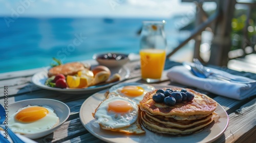 Pancake in plate with blueberry fruit