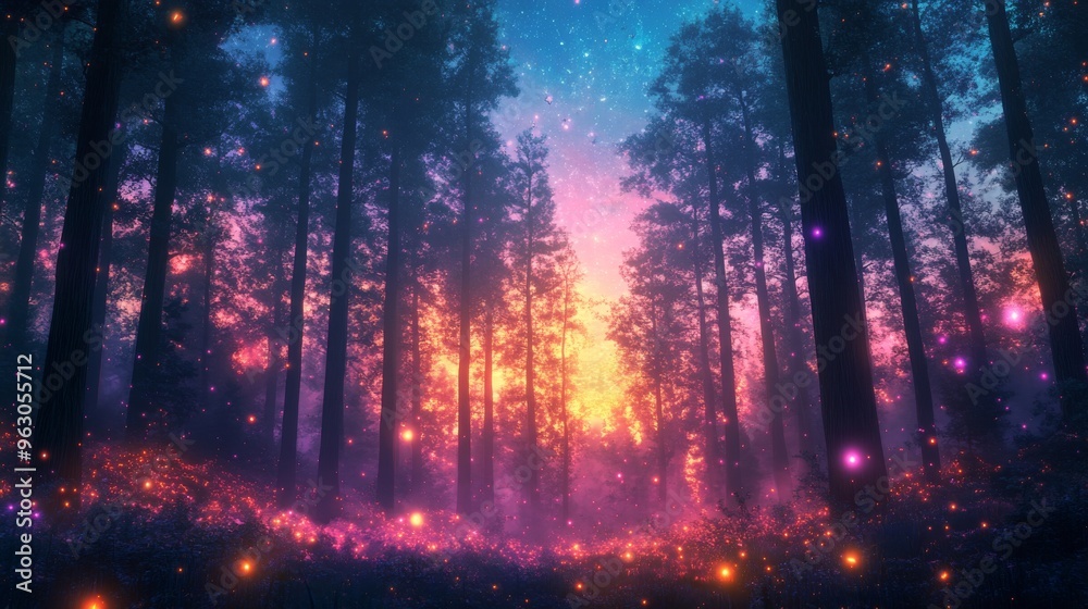 A magical forest glowing with fireflies under a starry sky. . A magical forest glowing with fireflies under a starry sky. .
