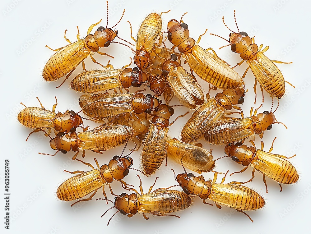 a whole view of multiple termites on isolated white background, view from above, editorial photography a whole view of multiple termites on isolated white background, view from above, editorial photography
