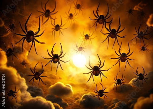 Spooky Halloween Silhouettes of Spiders in Dark Moody Atmospheres with Warm Orange and Yellow Lighting Tones