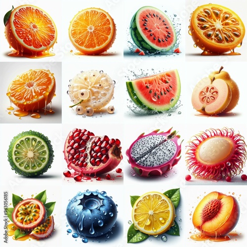 Different sliced fruits. AI generated illustration