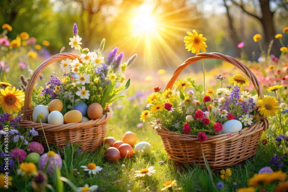 Spring meadow illustrations featuring Easter baskets overflowing with colorful wildflowers in a warm, sunlit atmosphere conveying a sense of joy and optimism