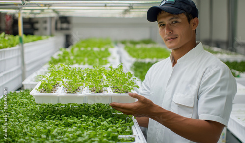 A young farmer in white clothes and a black baseball cap holds rectangular plastic boxes with green lettuce sprouts inside. An indoor farm where many plants grow in rows from the ceiling to the floor photo