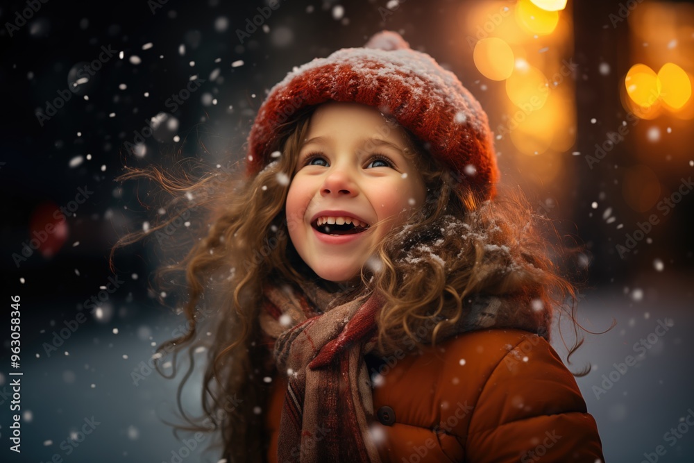 A joyful child enjoying snowfall in a winter wonderland during the holiday season A joyful child enjoying snowfall in a winter wonderland during the holiday season