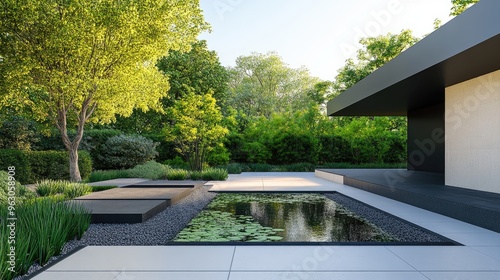 Modern minimalist backyard with pond, plants, and a concrete patio