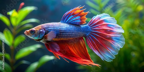 A captivating sight awaits in a miniature world, where a colorful veiltail betta fish showcases its stunning fins, photo