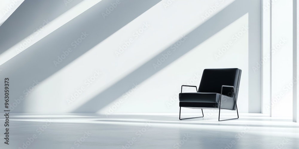 Black chair in white room with shadows. Black chair in white room with shadows.