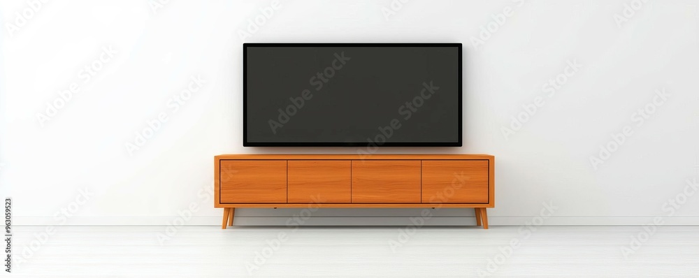 Modern living room setup featuring an orange cabinet and a sleek television on a minimalist white wall. Modern living room setup featuring an orange cabinet and a sleek television on a minimalist white wall.