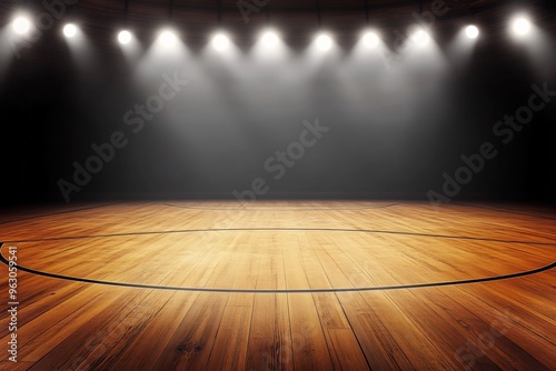 empty basketball court with spotlights shining down on the wooden floor
