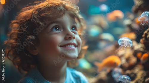 smiling children looking at shark, fish, jellyfish in oceanarium, aquarium, excursion, wildlife, water, underwater world, zoo, child, schoolchild, biology, sea, ocean inhabitants, zoology, ichthyology photo