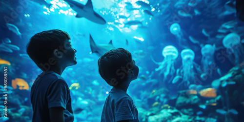 smiling children looking at shark, fish, jellyfish in oceanarium, aquarium, excursion, wildlife, water, underwater world, zoo, child, schoolchild, biology, sea, ocean inhabitants, zoology, ichthyology