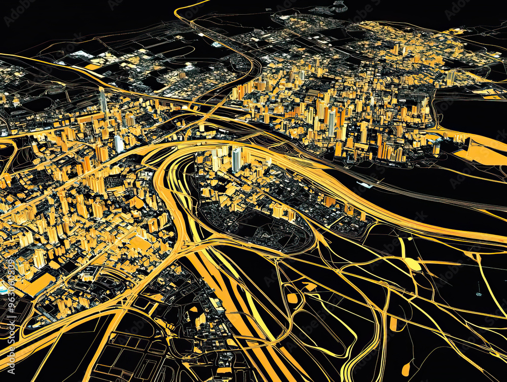 Obraz premium Technical aerial visual, 3D LiDAR GIS aerial map satellite scan model isolated, showing Johannesburg, South Africa. Elevation, topography, render