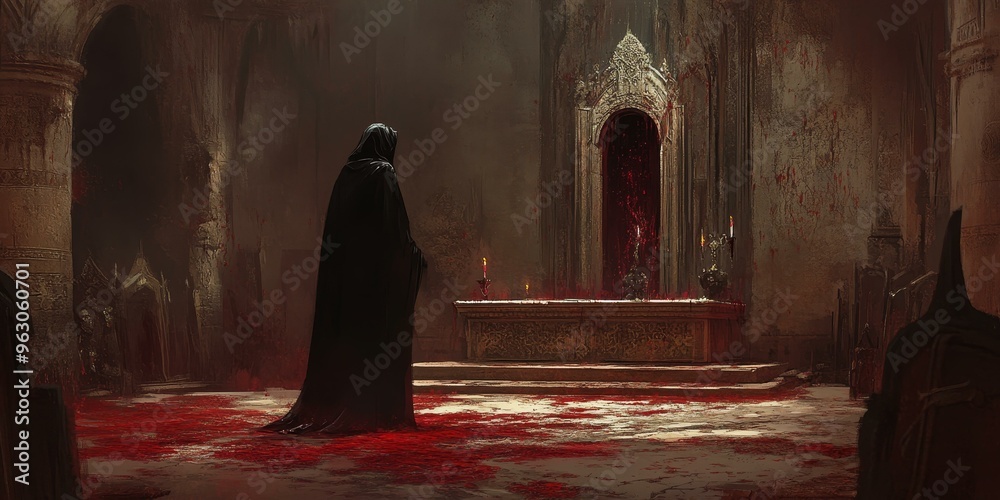 A hooded figure stands in a blood-soaked temple. A hooded figure stands in a blood-soaked temple.