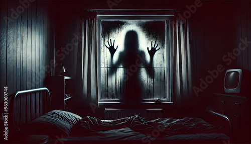 Shadowy Figure Pressing Against Frosted Window in a Dark, Dimly Lit Bedroom