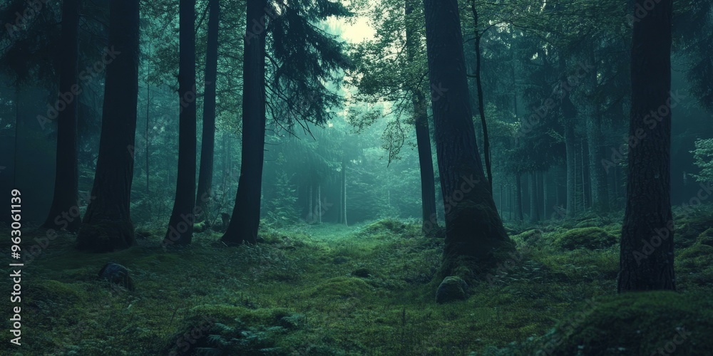 Obraz premium Dark, misty forest with tall trees.