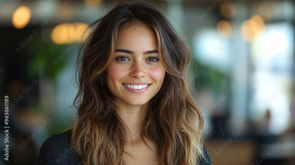 The job seeker smiles while answering questions in a professional interview setting.