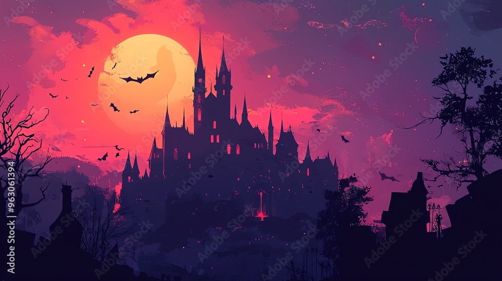 Vampire in a castle, bats flying, flat design illustration Vampire in a castle, bats flying, flat design illustration