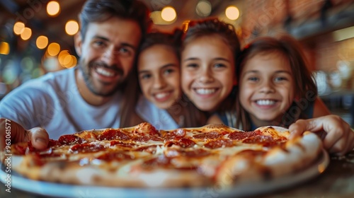 Happy family enjoying in weekend together.Happy family concept.They are eating pizza for lunch.  photo