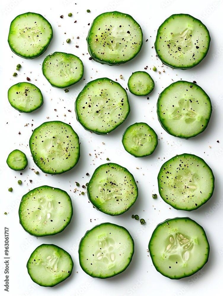 Fresh cucumber slices arranged in a pattern on a white background with black peppercorns. Fresh cucumber slices arranged in a pattern on a white background with black peppercorns.