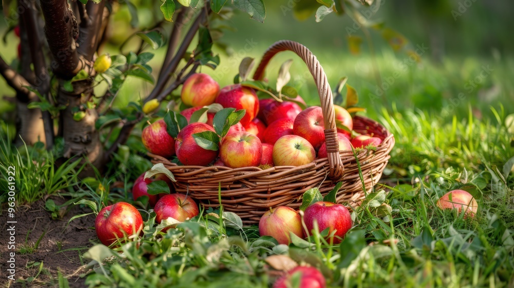 Fresh newly harvested apple in basket on lawn Fresh newly harvested apple in basket on lawn
