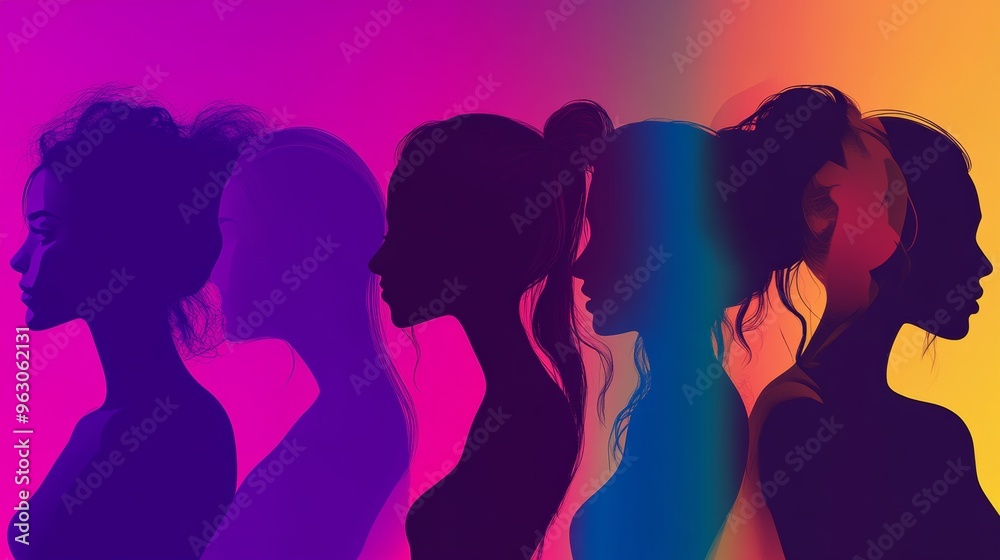 Colorful silhouette profiles of women in gradient Colorful silhouette profiles of women in gradient