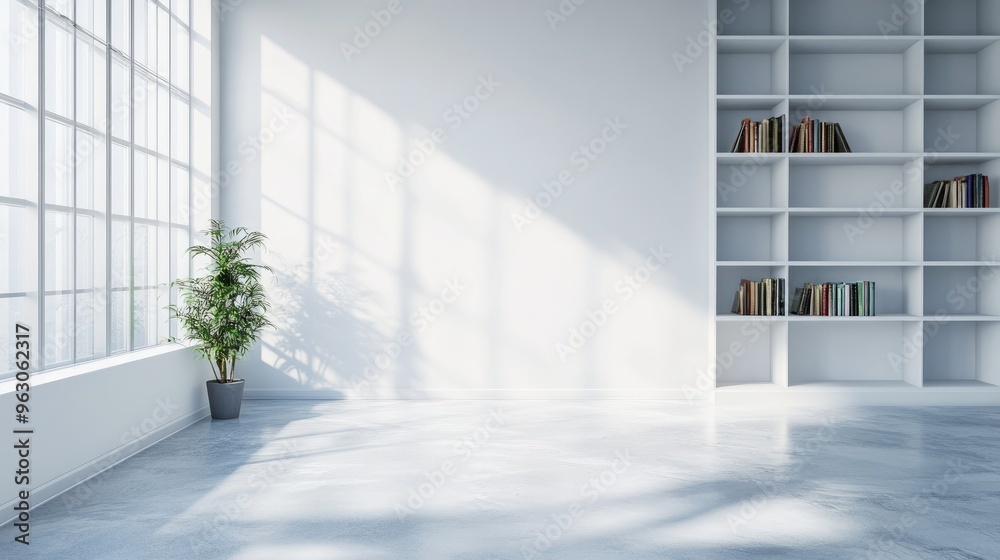 Minimalist White Room with Large Window and Bookshelf Minimalist White Room with Large Window and Bookshelf