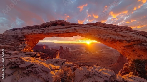 Iconic arching rock formation at dawn near Moab, Utah photo