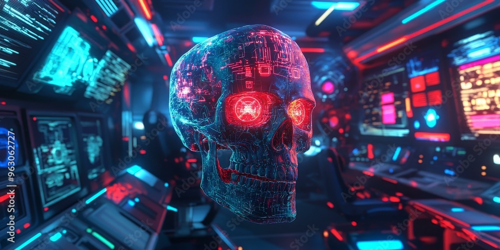 Cybernetic skull in futuristic neon room. Cybernetic skull in futuristic neon room.