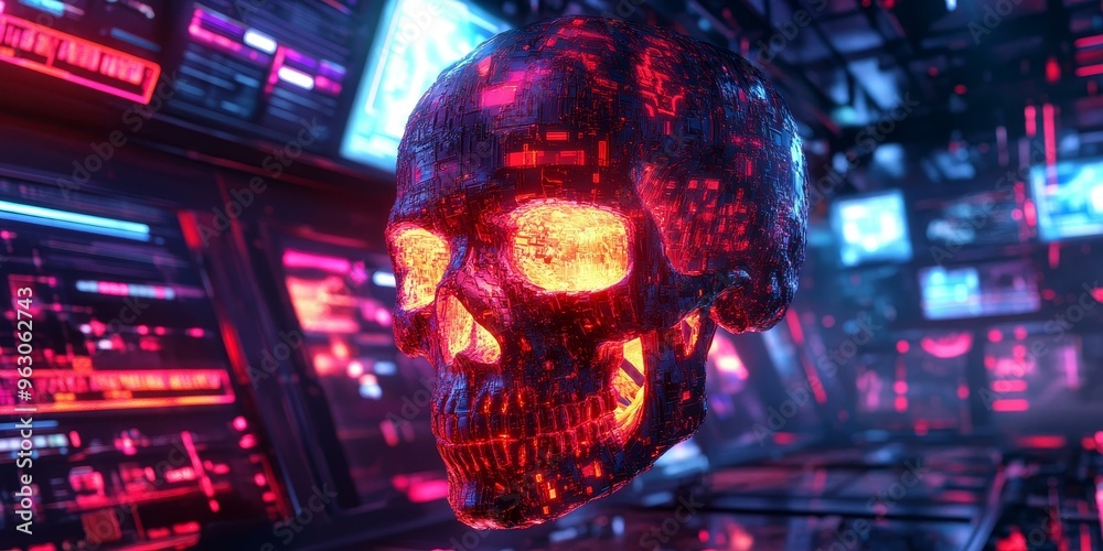 A glowing red and black skull in a futuristic setting. A glowing red and black skull in a futuristic setting.