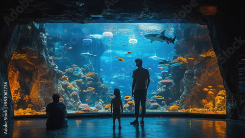 smiling children looking at shark, fish, jellyfish in oceanarium, aquarium, excursion, wildlife, water, underwater world, zoo, child, schoolchild, biology, sea, ocean inhabitants, zoology, ichthyology photo