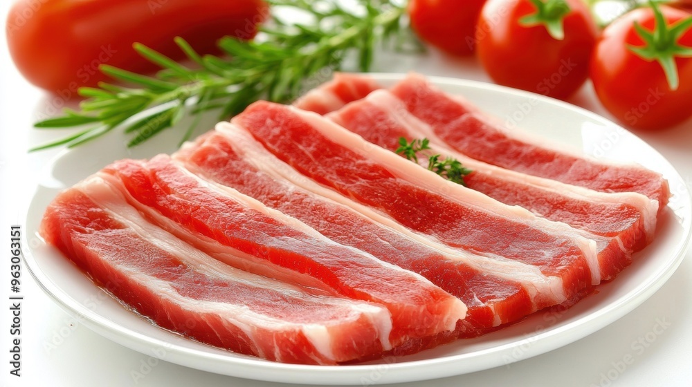 Fresh raw meat slices on white plate with herbs vegetables Fresh raw meat slices on white plate with herbs vegetables