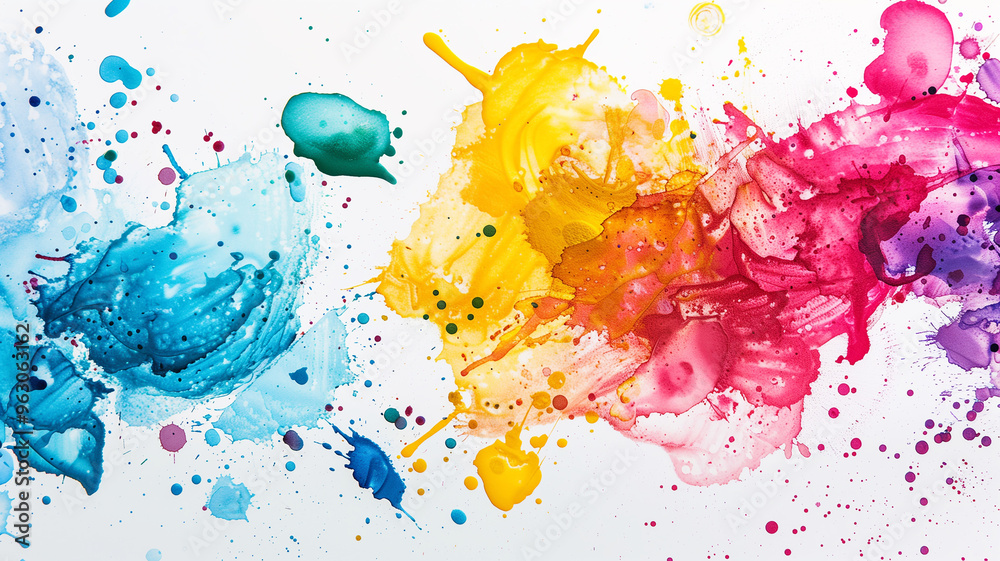 A colorful painting with splatters of paint that looks like a butterfly. The painting is full of bright colors and has a sense of movement and energy A colorful painting with splatters of paint that looks like a butterfly. The painting is full of bright colors and has a sense of movement and energy