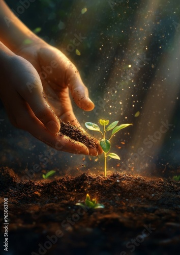 Hands Nurturing a Seedling with Sunlight