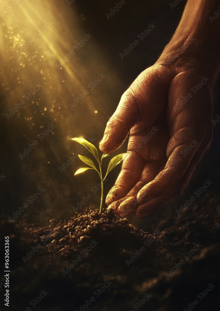 Fototapeta premium Hands Nurturing a Seedling with Sunlight