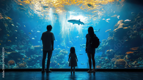 parents with child looking at shark, fish in oceanarium, aquarium, excursion, wildlife, water, underwater world, zoo, biology, sea, ocean inhabitants, zoology, ichthyology