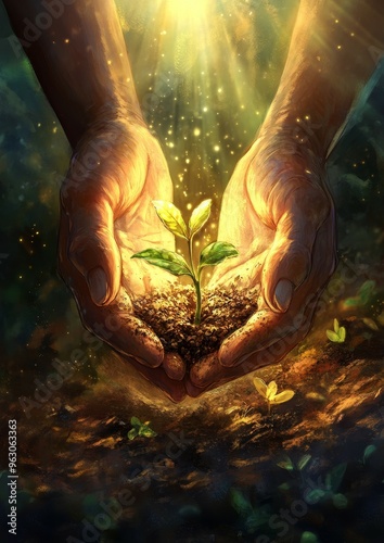 Hands Nurturing a Seedling with Sunlight