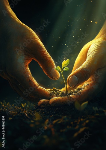 Hands Nurturing a Seedling with Sunlight